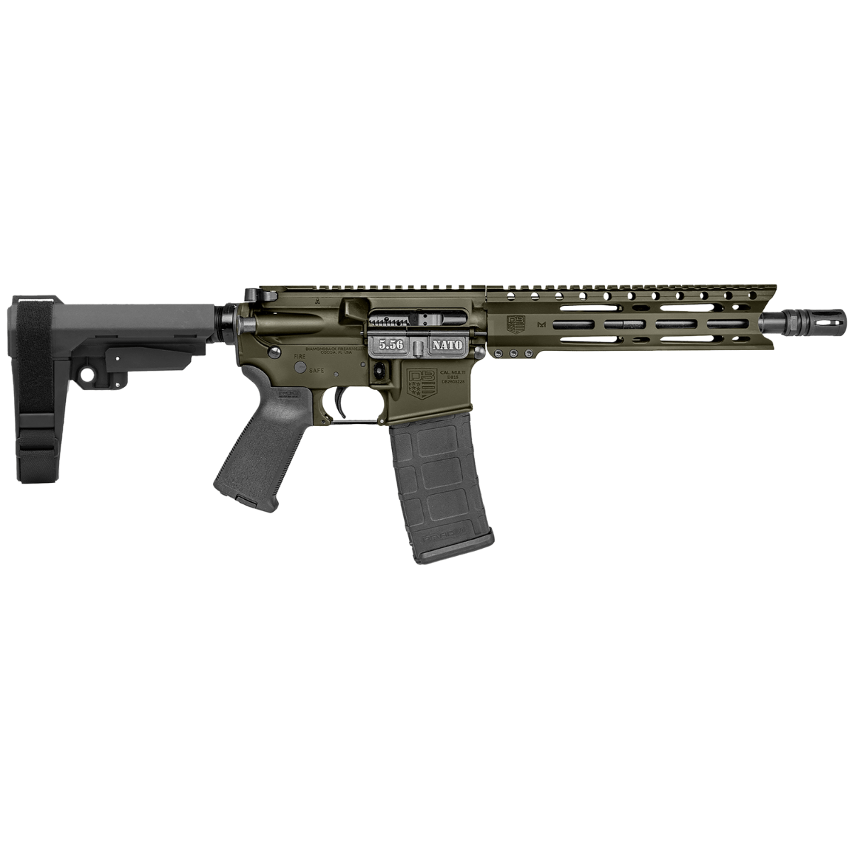 Diamondback DB15 Rifle, 10" OD Green Cerakote Heavy Barrel 9" M-LOK Handguard 7075-T6 Aluminum SBA3 Brace Magpul MOE Grip 30+1rd 5.56 NATO - DB1916K101